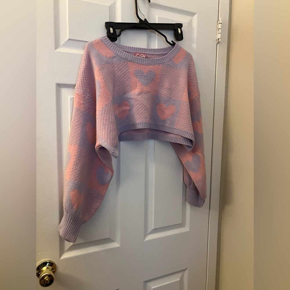 Chrissa Sparkles lilac pink gingham hearts cropped sweater S NWOT
